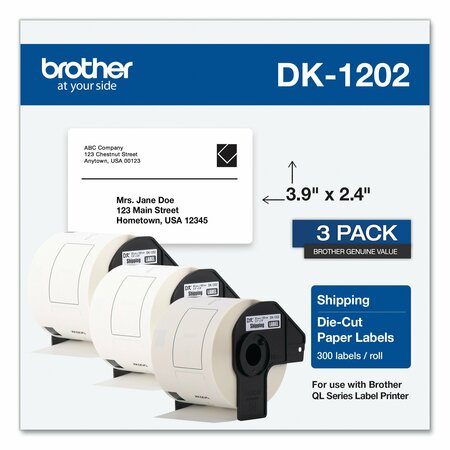 BROTHER Die-Cut Shipping Labels, 2.4 x 3.9, White, 300 Labels/Roll, 3PK DK12023PK